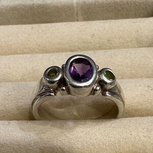 Elegant Silver Ring with Purple and Green Stones